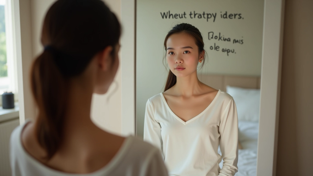 Person looking at mirror with positive expression in bedroom