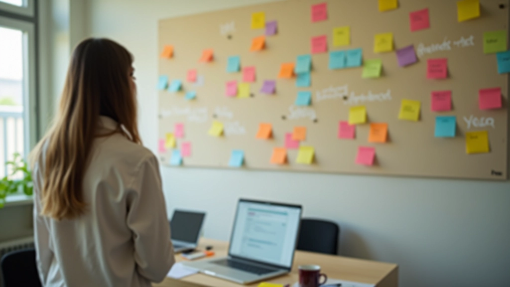 Person reviewing accomplishments and notes on wall with sticky notes and written goals