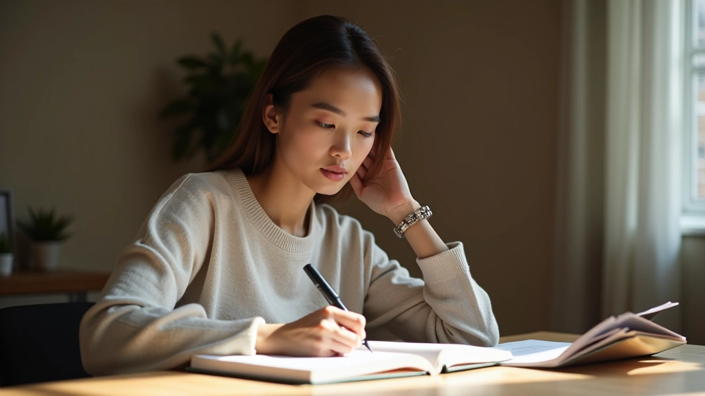 Woman reviewing personal development journal and notes with thoughtful expression