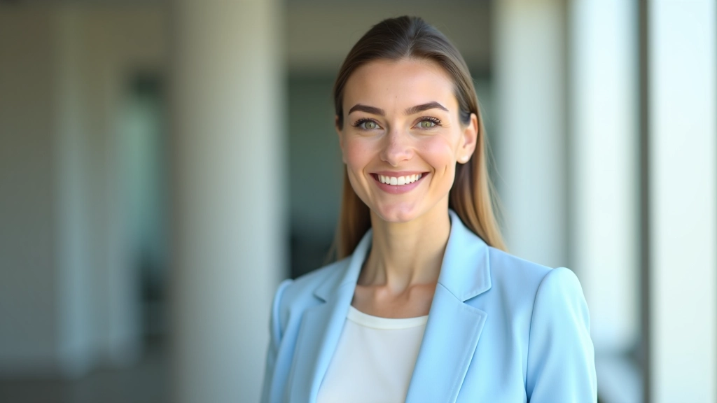Professional woman in modern office setting, portrait from chest up, confident expression, natural lighting