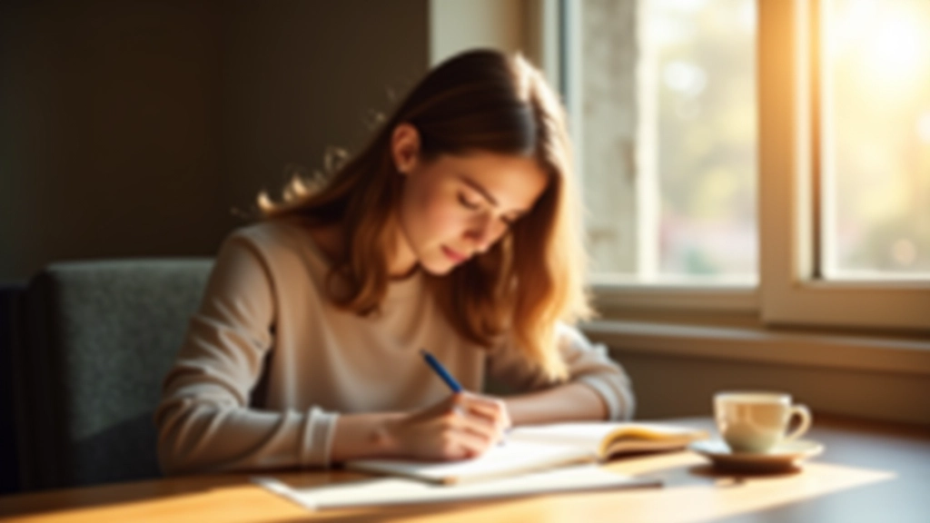 Person writing in journal at wooden desk with morning sunlight and coffee