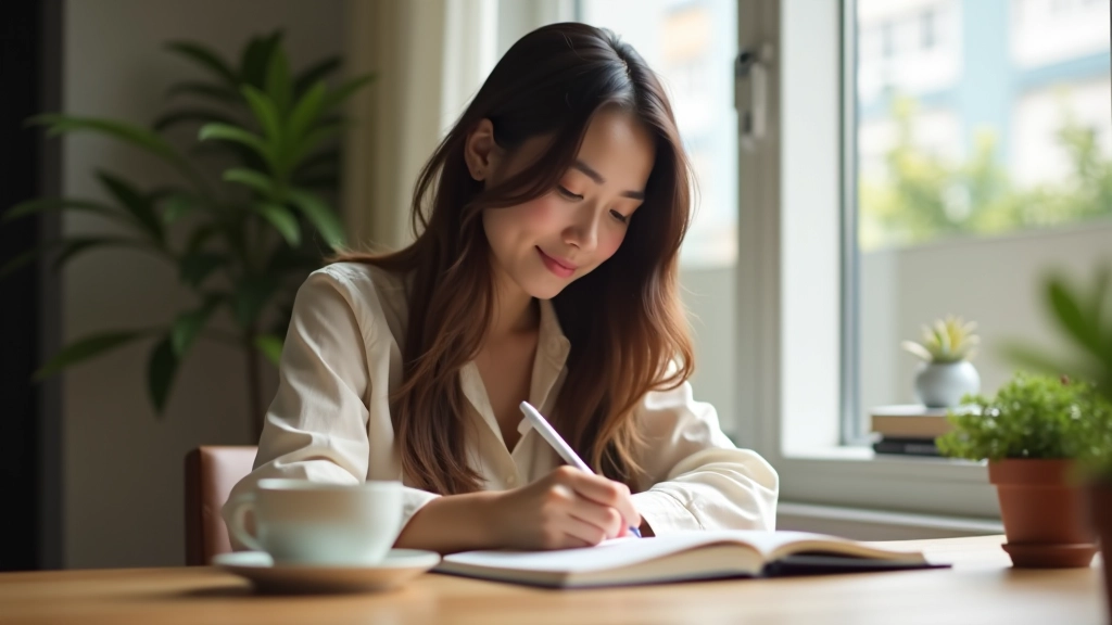 Person journaling thoughtfully at workspace